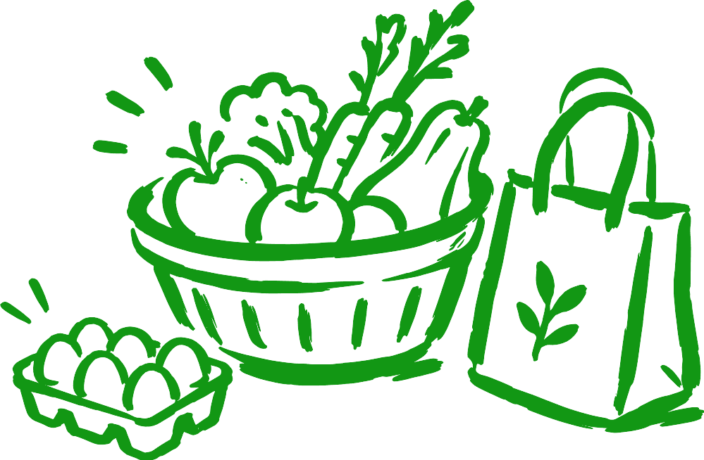 Panier de légumes, boîte d'œufs et sac de courses
